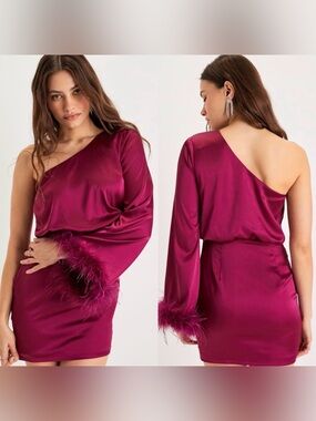 Lulu's One-Shoulder Satin Mini Dress with Feather Cuffs - Magenta